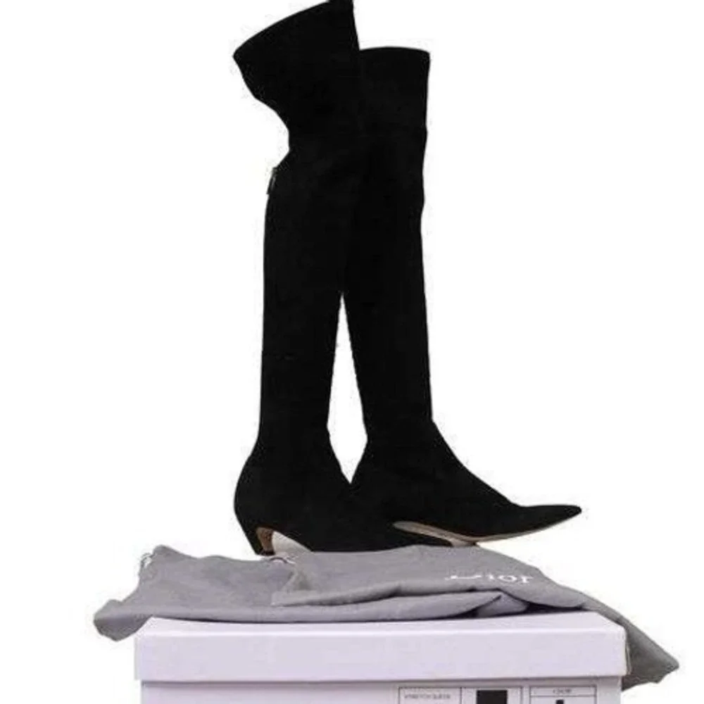 Christian Dior Black Suede Over The Knee Boots Kitten Heel Made In Italy Size 40